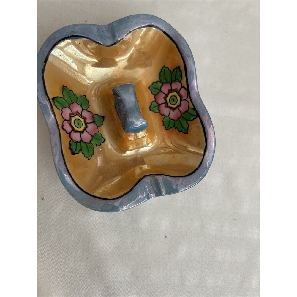 Lusterware Ashtray Blue Orange Pink Floral with handle  Japan Hand Paint Vintage